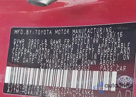 2016 Toyota Corolla L/Le/Le Pls/Prm/S/S Pls z USA, uszkodzony, nr VIN 2T1BURHE9GC709303